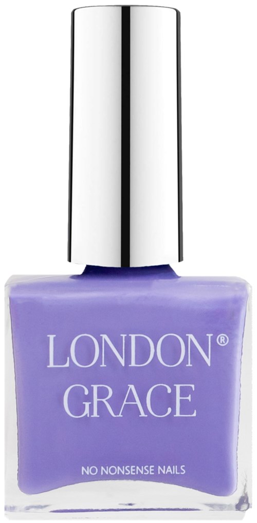 Een flesje paarse nagellak met zilveren dop, met label 'LONDON GRACE' en 'NO NONSENSE NAILS'.
