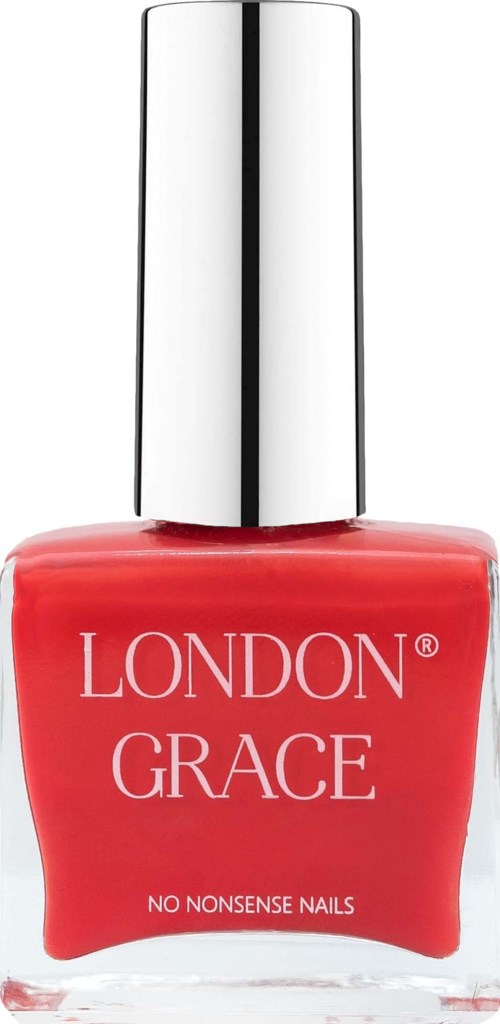 En ljusrosa nagellackflaska med ett silverlock, märkt 'LONDON GRACE' och 'NO NONSENSE NAILS.'