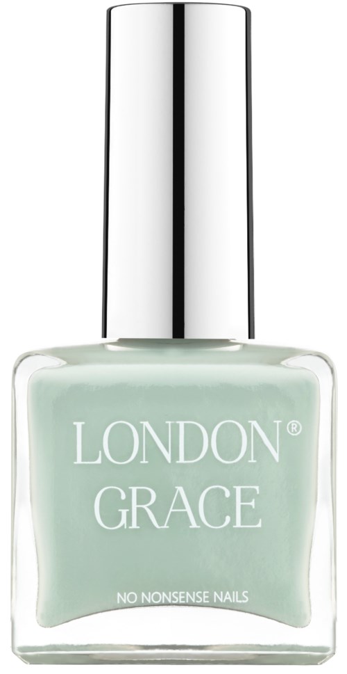 En nagellackflaska i ljusgrön färg med ett silverlock som är märkt 'LONDON GRACE'.