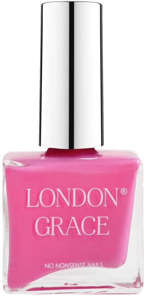 Een roze nagellakfles met zilveren deksel en de tekst "LONDON GRACE" op de voorkant.