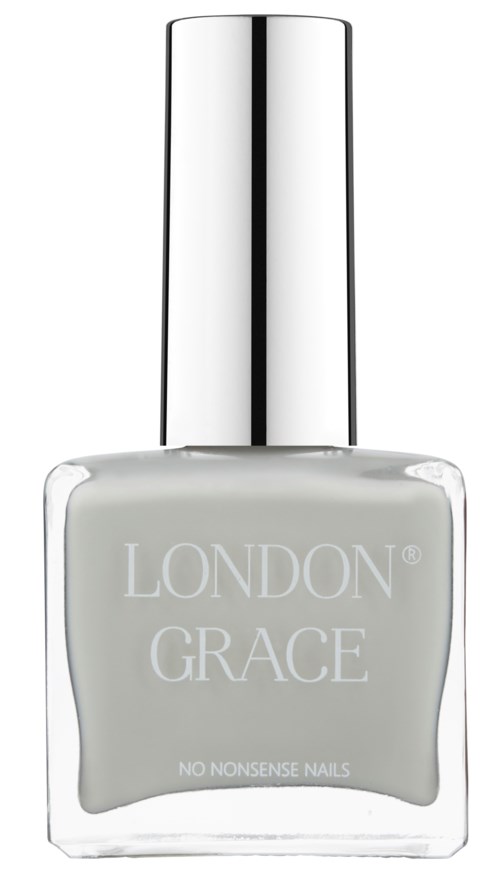 Een nagellakfles met 'LONDON GRACE' en zilveren dop, lichtgrijze nagellak.