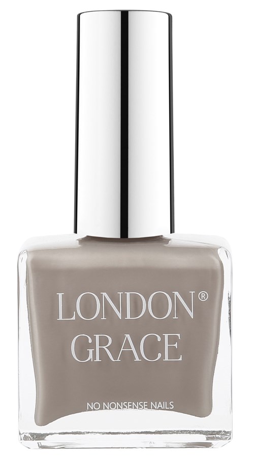Pojemnik na lakier do paznokci z napisem 'London Grace' i beżowym kolorem. Ma srebrny cap.