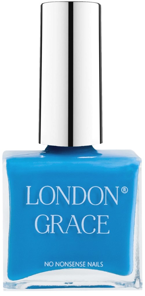 Niebieski lakier do paznokci z srebrnym dozownikiem. Tekst mówi "LONDON GRACE" i "NO NONSENSE NAILS."