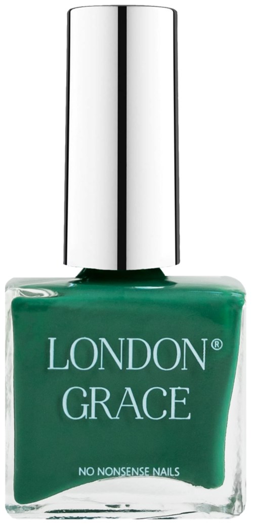 Zielony lakier do paznokci w butelce z srebrną nakładką, oznaczony 'London Grace' i 'No Nonsense Nails'.