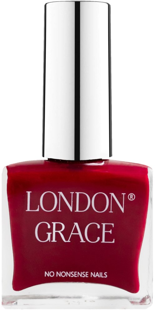 Czerwony lakier do paznokci z napisem 'London Grace' i srebrnym końcówką.