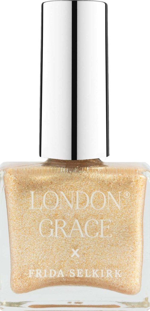 En nagellackflaska med silverkork och beige nagellack, märkt 'London Grace x Frida Selkirk.'