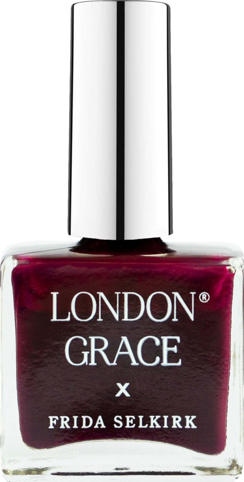 En flaska mörkröd nagellack med silverkork, märkt 'LONDON GRACE x FRIDA SELKIRK.'