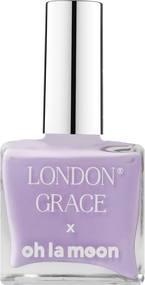 En lavendelfärgad nagellackflaska med silverlock och vit text, märkt "London Grace x oh la moon."