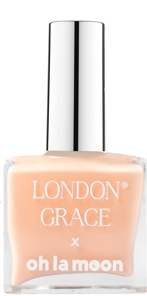 En flaska nagellack med ljusrosa färg och silverlock, märkt 'London Grace x oh la moon.'