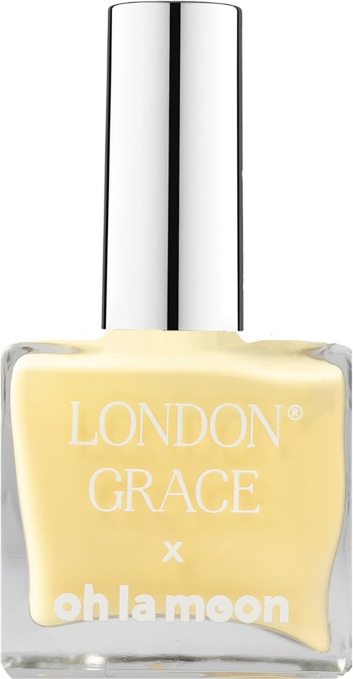 En flaska nagellack med gul färg och silverhatt, märkt 'LONDON GRACE x oh la moon'.