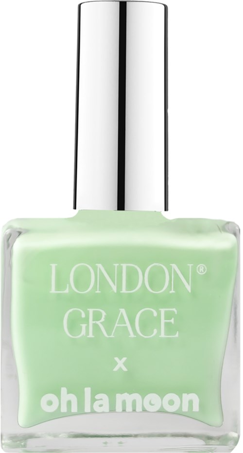En pastellgrön nagellackflaska med silverhätta, märkt "LONDON GRACE x oh lamoon."