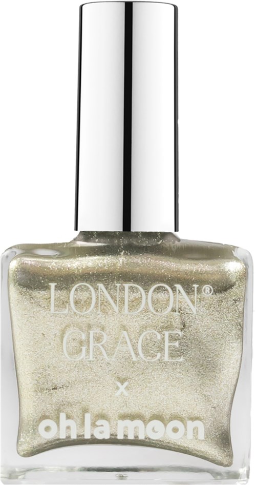 En flaska glittrig, metallic nagellack med silverfärgad lock och varumärkena 'London Grace' och 'oh la moon'.