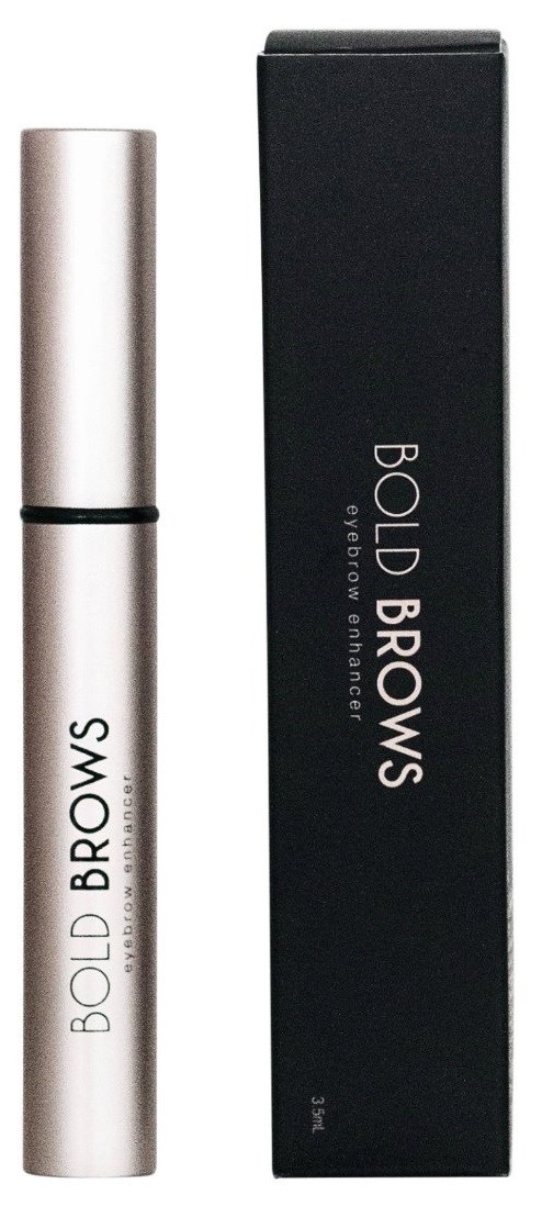 En sølvfarget tube merket 'Bold Brows' står ved siden av en svart boks med samme navn, sannsynligvis emballasje for brynprodukter.