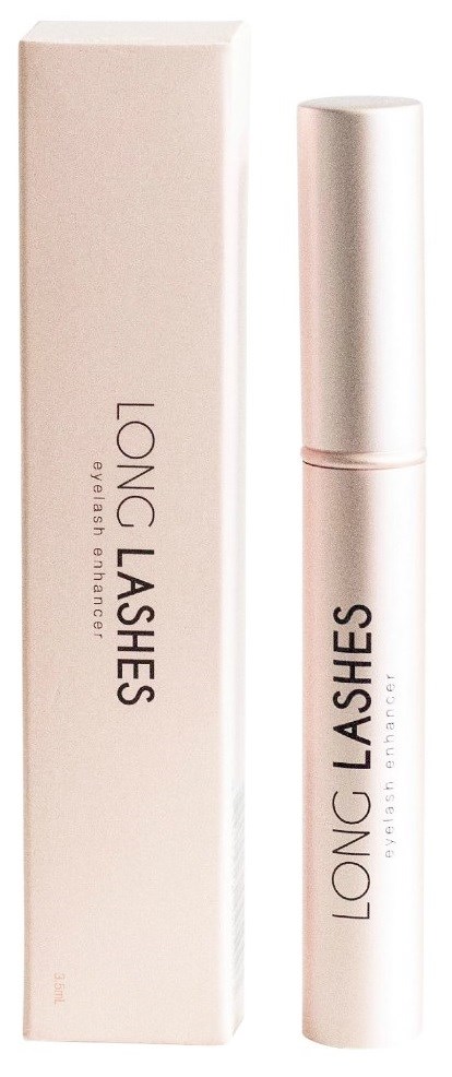 En hvit eske og en tube merket 'LON LASHE'S' for øyevippeserum eller mascara står ved siden av hverandre.