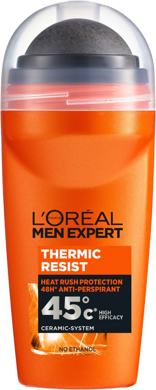 En ljusorange flaska med svart lock och klart plastlock, märkt L'Oréal Men Expert Thermic Resist, för deodorant.