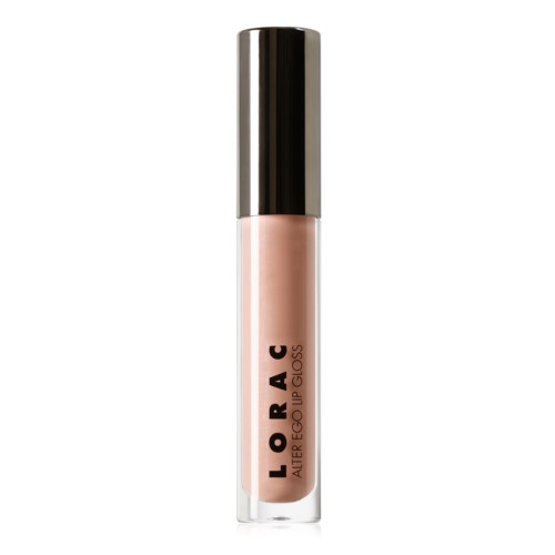 En beige leppglans i en klar tube med sølvhette, merket 'LORAC ALTER EGO LIP GLOSS'.