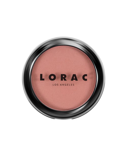 Rund blush-emballasje med rosa pudder, svart lokk og 'LORAC LOS ANGELES'-tekst på toppen.
