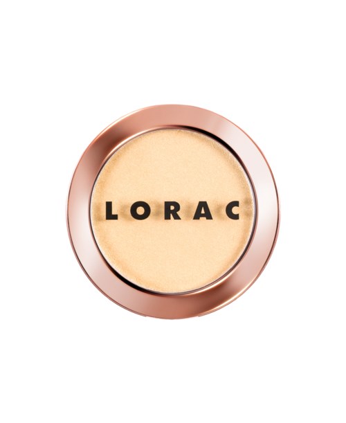 Et rundt sminkeprodukt med en lys beige farge, merket 'LORAC', i en roségullhylse.