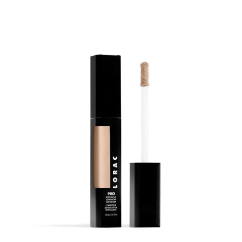 En grundstift med svart lock och beige kropp, med en applikator med svamp. Den används för makeup.