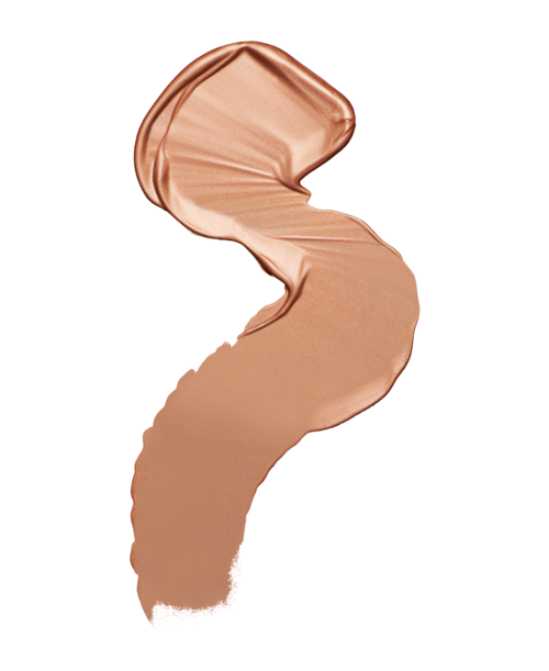 En virvlad, beige vätska med ett metalliskt, roséguld lock rinner ner i en kurvig form.