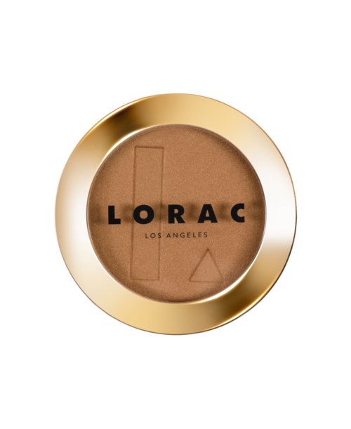 En rund sminke eller kosmetikkompakt med gull- og brunt design, som viser LORAC-logoen og 'LOS ANGELES'-teksten inni.