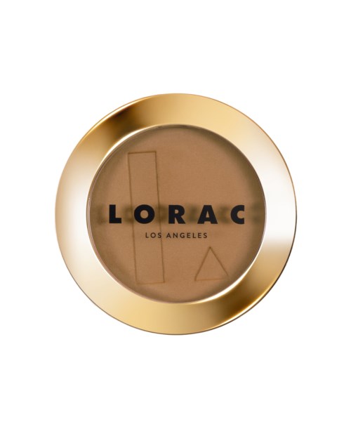 En rund, gullfarget tallerken med brun midtdel, med teksten 'LORAC LOS ANGELES' i svarte bokstaver.