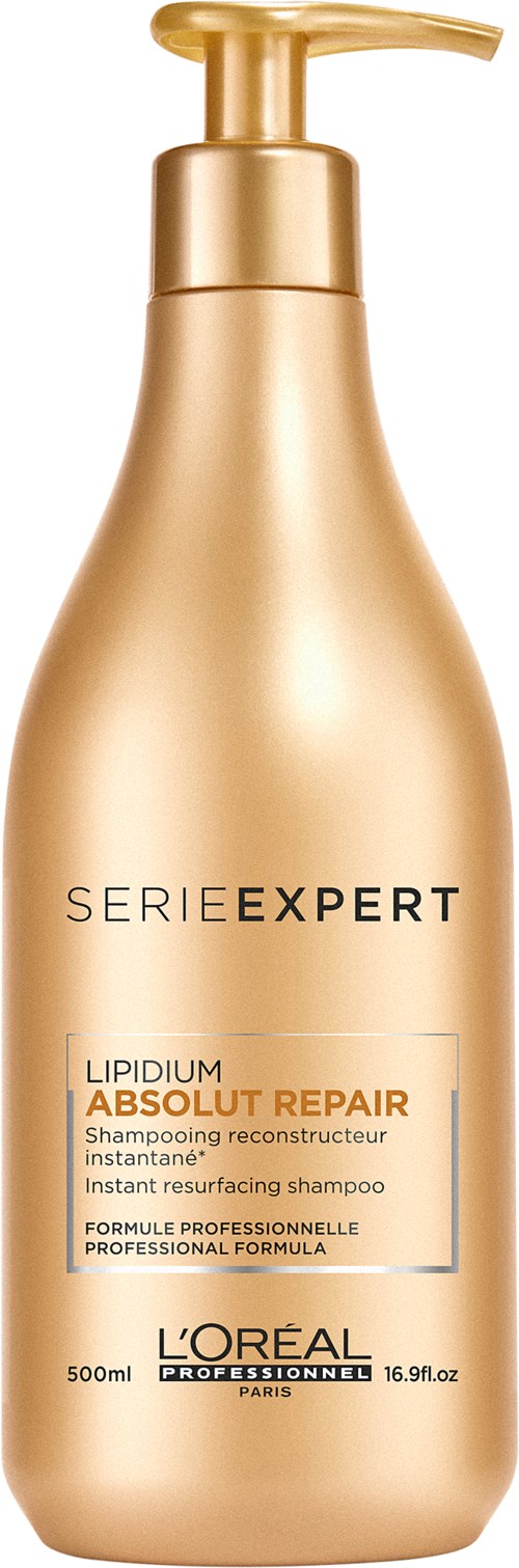 En guldfärgad flaska av L'Oréal schampo, märkt 'Serie Expert' och 'Lipidium Absolut Repair', med pump.
