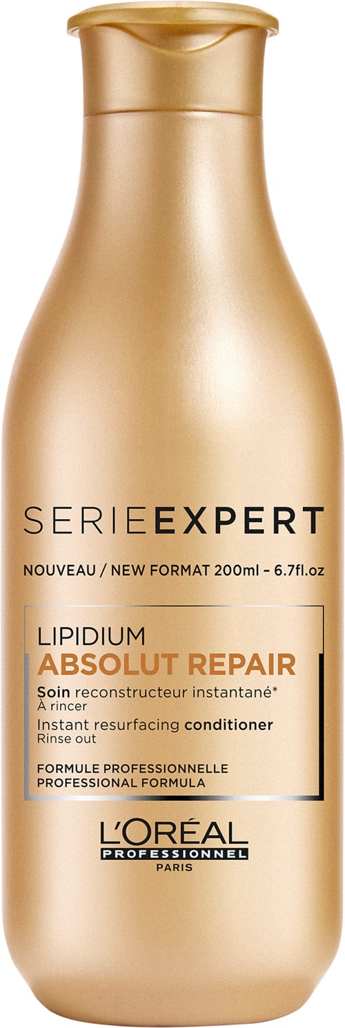 Guldfärgad flaska av L'Oréal Series Expert hårvårdsprodukt med svart, vitt och guld text.