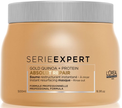 Gold quinoa and protein in a hair mask for instant repair and professional formula. Suitable for restoring hair.