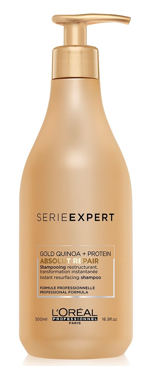 Gold-colored shampoo bottle with a pump, labeled as L'Oréal Serie Expert for damaged hair, 500ml.