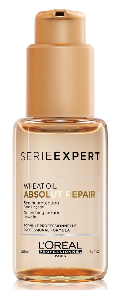 A small bottle of hair serum with a pump. Label shows it is for wheat oil absolute repair by L'Oréal.