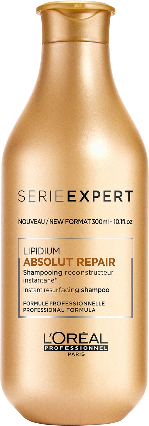 En guldfärgad schampoflaska märkt 'L'Oreal Professionnel' och 'Serie Expert Absolute Repair' för hårrätning.
