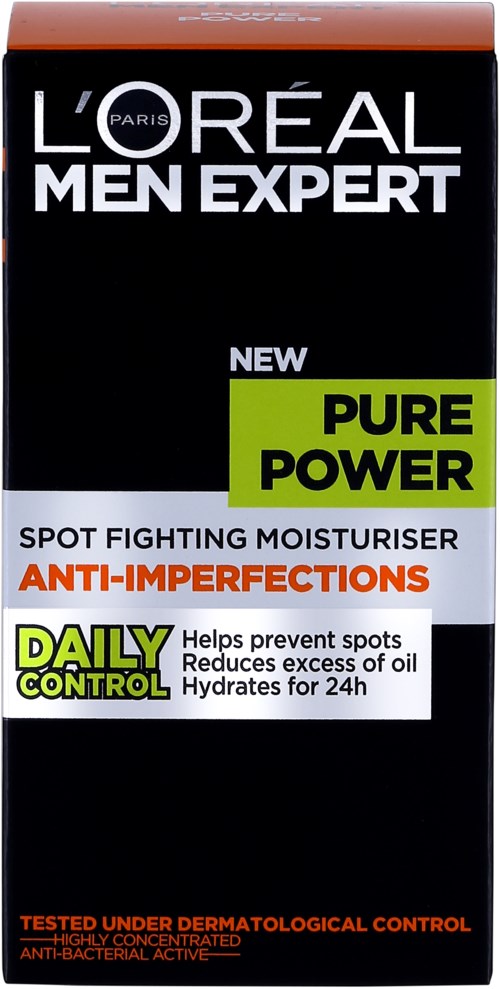 Eine schwarze L'Oréal Men Expert-Box mit Produktdetails wie Pure Power, Feuchtigkeitscreme, Anti-Unreinheiten und tägliche Kontrolle.