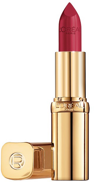 Ein roter Lippenstift in einer goldenen Hülse mit dem Markennamen 'L'Oréal Paris'.