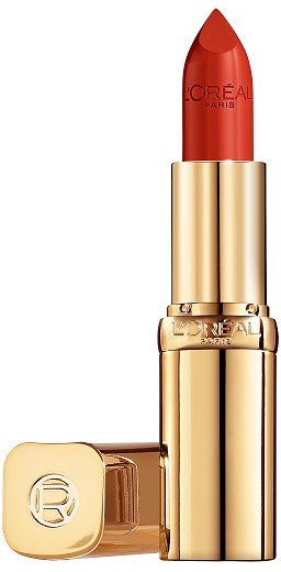 Ein roter Lippenstift in einer glänzenden goldenen Hülse mit sichtbarem L'Oréal-Logo.