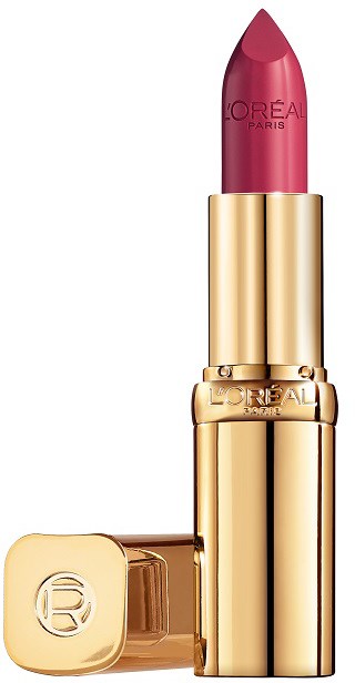 Ein roter Lippenstift in goldener Verpackung, mit L'Oreal-Logo auf Lippenstift und Deckel.