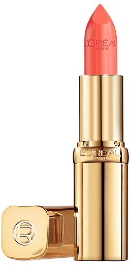 Ett läppstift i ett guldhölje, med en korallrosa färg och märket L'Oréal Paris skrivet på det.