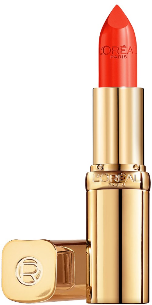 Ein roter Lippenstift in einer funkelnden goldenen Hülse mit L'Oréal-Logo.