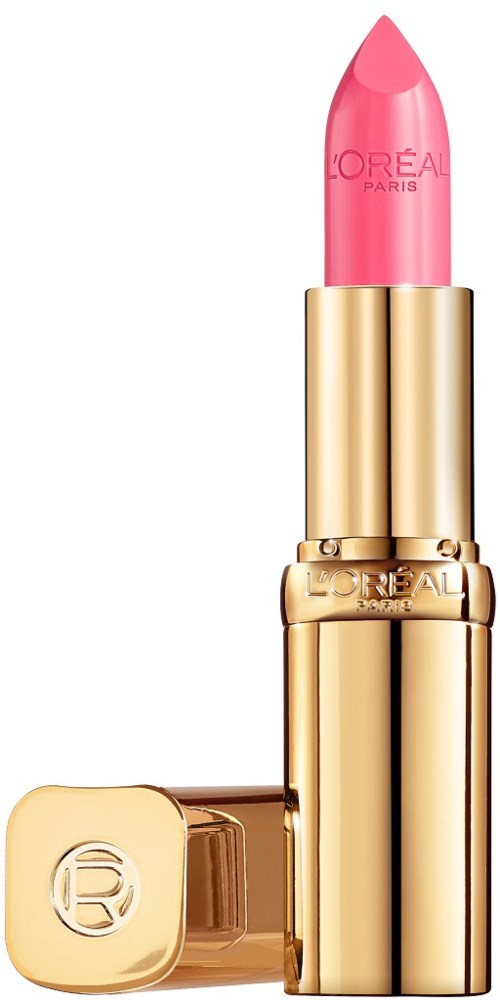 Ein pinker Lippenstift in einer glänzenden goldfarbenen Hülse mit einem quadratischen Deckel. Die Marke L'Oréal Paris ist auf dem Lippenstift.