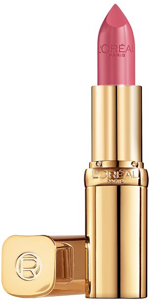 Ein rosa Lippenstift in einer glänzenden goldfarbenen Hülse mit Text.