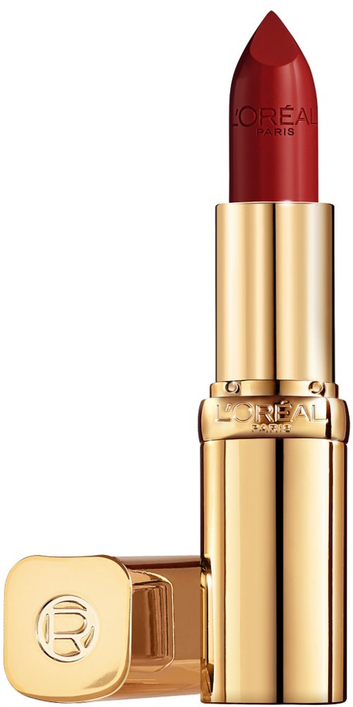Roter Lippenstift mit Goldhülse, beschriftet 'L'Oréal Paris', steht aufrecht mit dem Deckel daneben.
