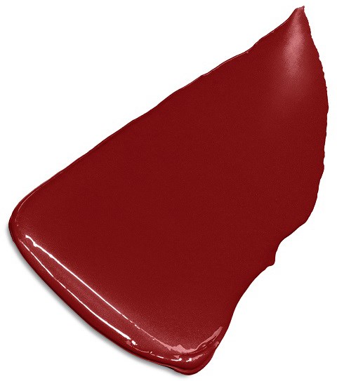 Ein roter, gebogener Lippenstiftstrich oder Fleck auf weißem Hintergrund, glänzend und glatt.