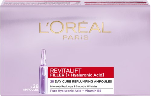L'Oréal Paris Revitalift filler ampoules with hyaluronic acid, 28-day supply, for skin smoothing and wrinkle reduction.