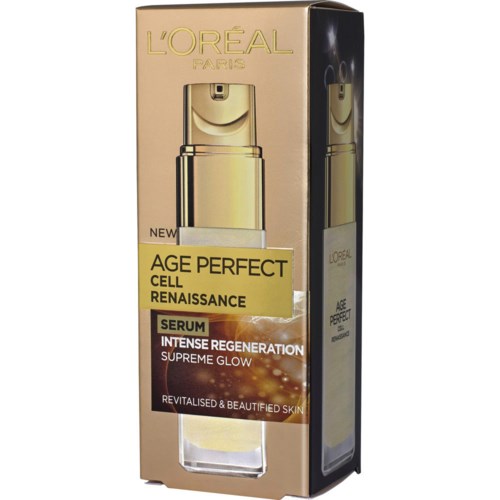 Goldene Verpackung mit Serumbiografie, Markenname L'Oréal und Produktdetails für Hautpflege.