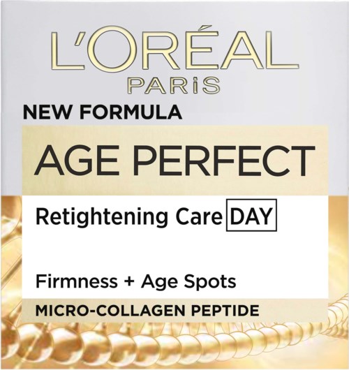 L'Oréal Paris Age Perfect-etikett för omlämnande behandling, nämner mikro-kollagenpeptid och fasthet.