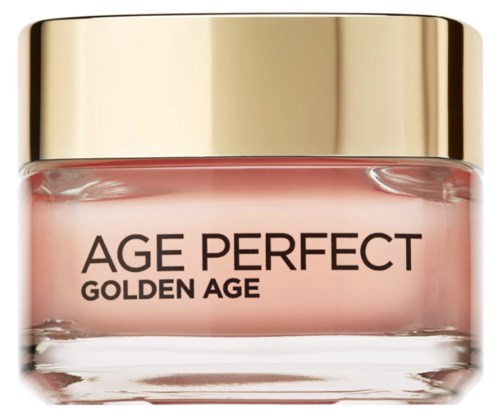 En burk med hudvårdsgrädde märkt 'Age Perfect Golden Age' med lock i guld.