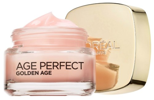 En burk med rosa kräm märkt 'Age Perfect Golden Age' bredvid en guldfärgad kompakt med L'Oréal-tryck.