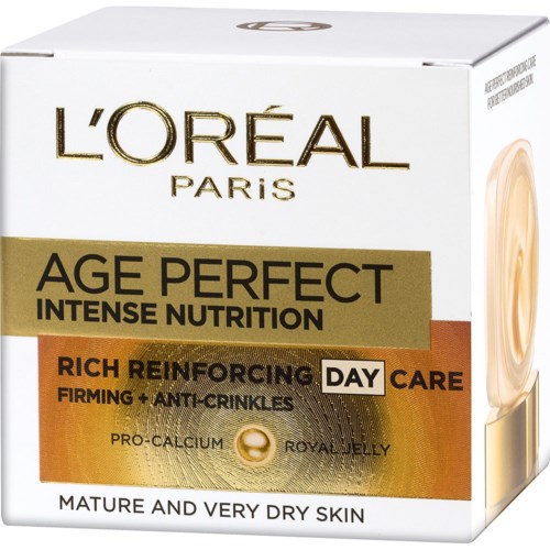 L'Oréal Paris Age Perfect cream box for very dry skin with nutrients, calcium, and jelly.