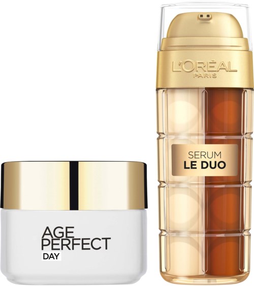 En burk med L'Oreal Age Perfect Day-kräm och en kapselliknande serumflaska märkt Le Duo.