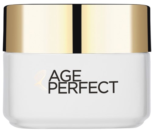 En burk med gulddesign, vit kropp, märkt 'AGE PERFECT'.